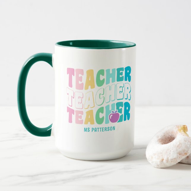 Teacher Modern Rainbow Colours Personalised Name Mug (With Donut)