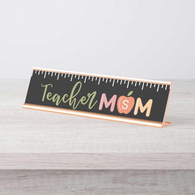 Teacher Mom Homeschooling Ruler & Apple Monogram Desk Name Plate (Front)