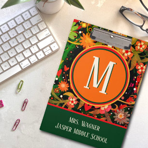 Teacher Monogram Name Floral School Info Clipboard