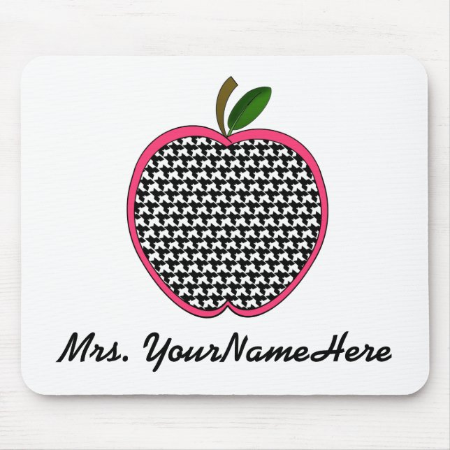 Teacher Mousepad-Houndstooth Apple With Pink Trim Mouse Mat (Front)