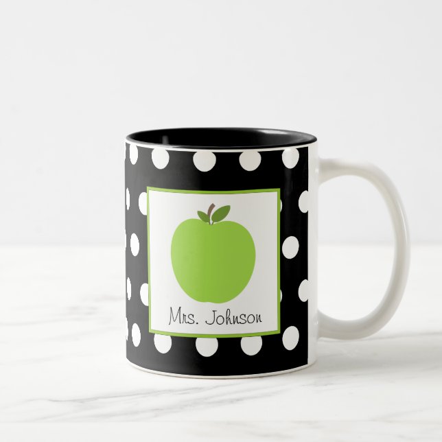 Teacher Mug Green Apple Black With White Polka Dot (Right)