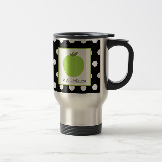 Teacher Mug Green Apple Black With White Polka Dot (Right)