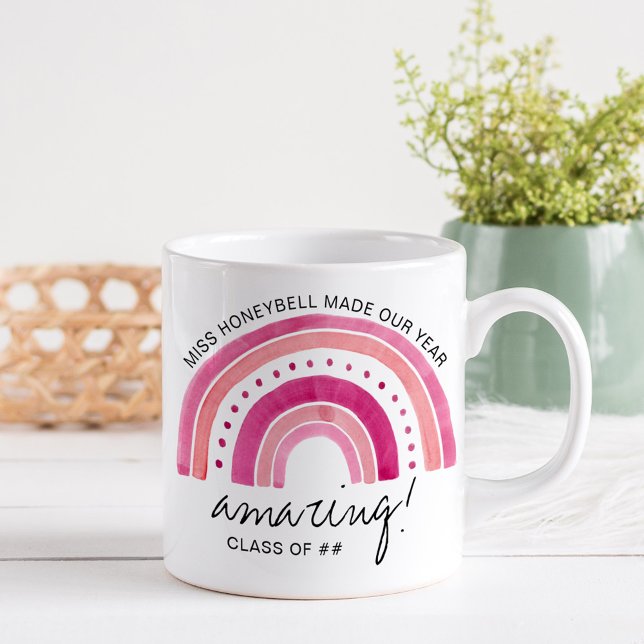 Teacher Name Amazing Class of | Doodle Rainbow Coffee Mug (Amazing teacher gift mug with pink rainbow)
