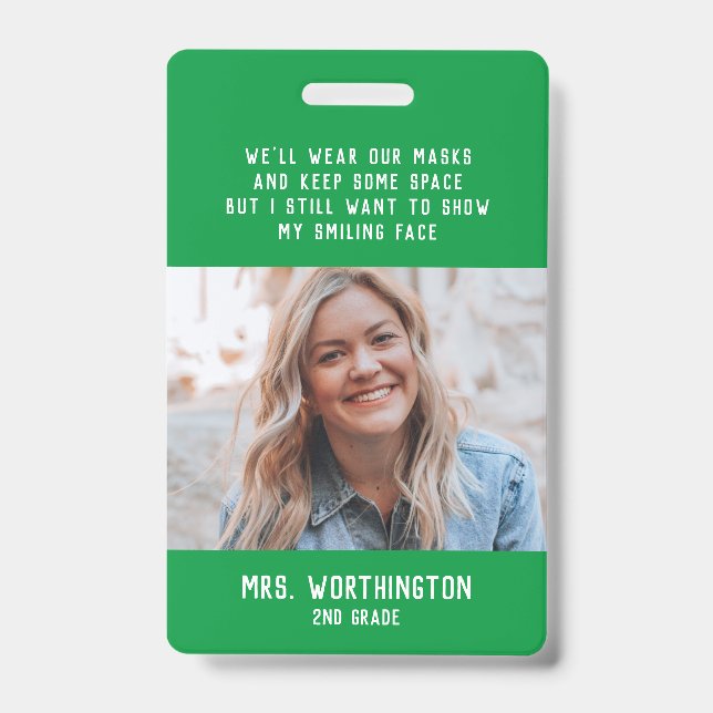 Teacher name badge with photo green ID badge (Front)