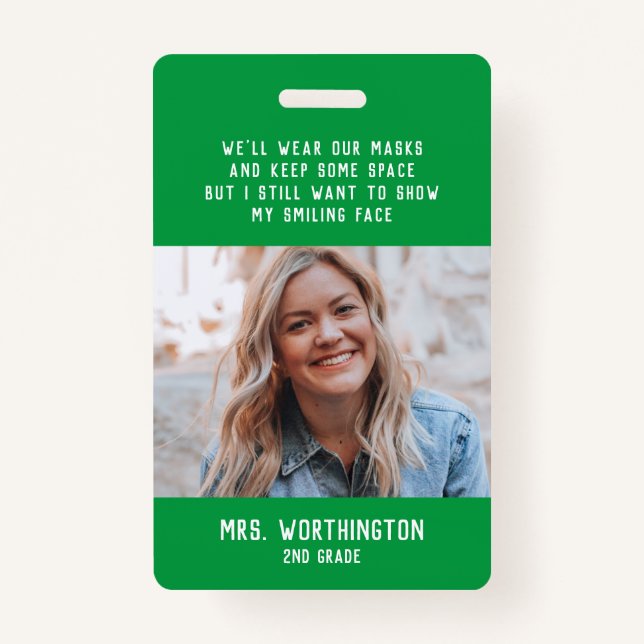 Teacher name badge with photo green ID badge (Front)