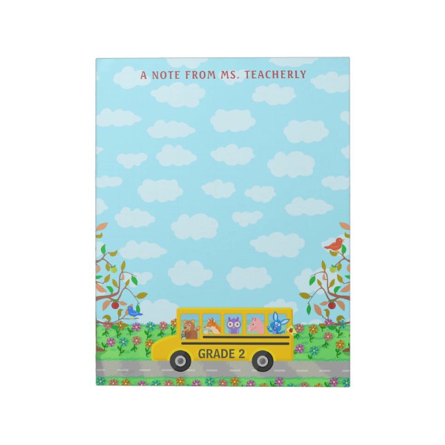Teacher Name Classroom Cute Animals on School Bus Notepad (Rotated)