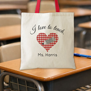 Teacher Name, I love to teach. Red Gingham Heart Tote Bag