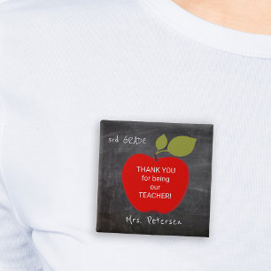 Teacher name Red apple blackboard thank you 15 Cm Square Badge