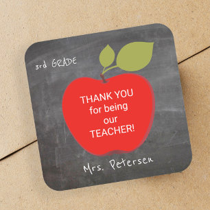 Teacher name   Red apple blackboard thank you Square Sticker