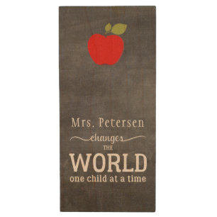 Teacher name red apple typography script quote wood USB flash drive