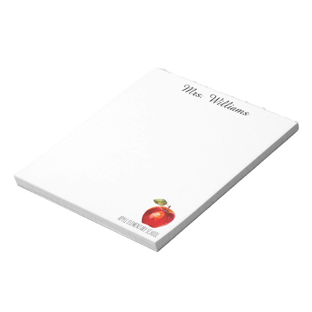 Teacher Name School Watercolor Red Apple Notepad (Rotated)