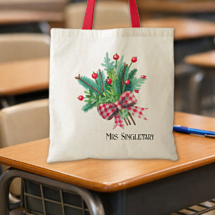 Teacher Name, Watercolor Red Berries Gingham Bow Tote Bag