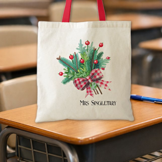 Teacher Name, Watercolor Red Berries Gingham Bow Tote Bag (Creator Uploaded)