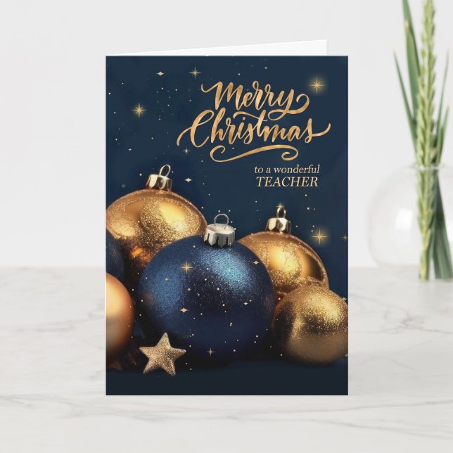 Teacher Navy Blue and Gold Ornaments Christmas Holiday Card (Front)