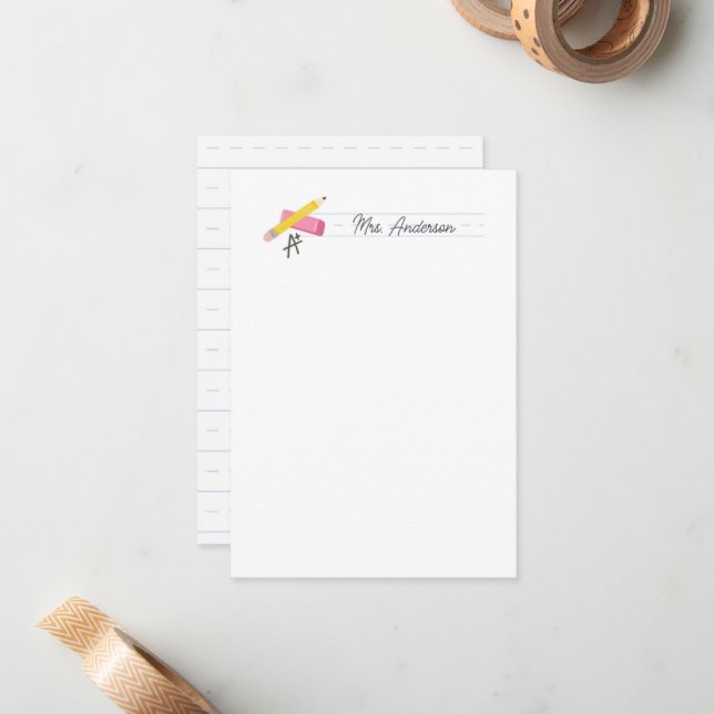 Teacher Note Cards Stationery Pencil Eraser Grade (Front/Back In Situ)