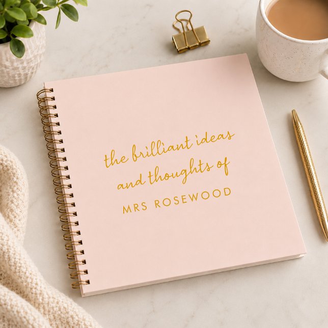Teacher Notebook | Ideas & Thoughts Spiral Book (Personalized pink teacher notebook with custom name and gold lettering for classroom ideas.)