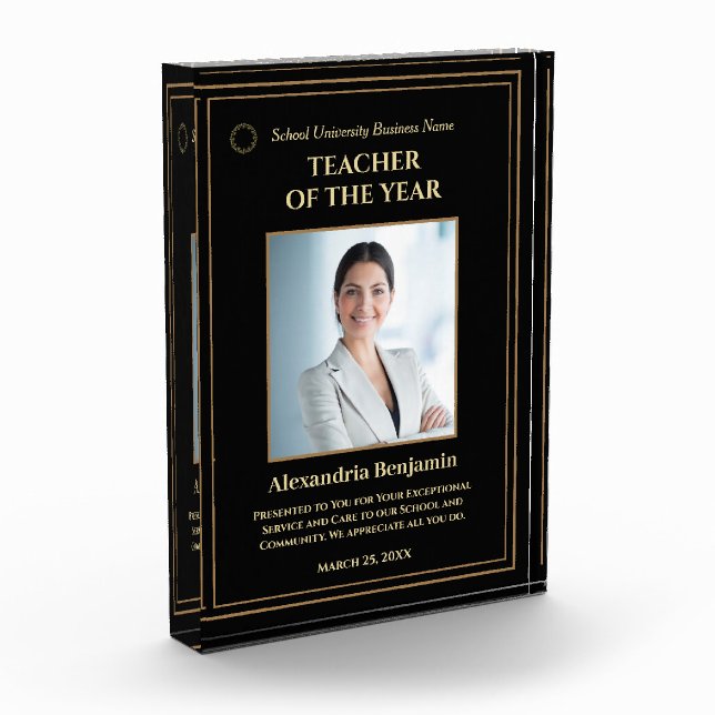 Teacher of the Year Gold Award Logo Personalise Photo Block (Left)