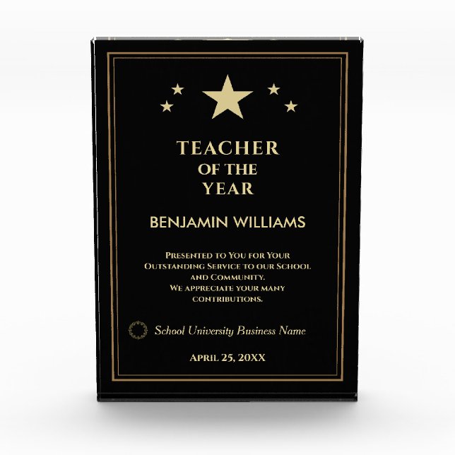 Teacher of the Year Gold Stars Logo Personalise  Photo Block (Front)