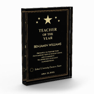 Teacher of the Year Gold Stars Logo Personalise  Photo Block