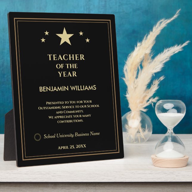 Teacher of the Year Gold Stars Logo Personalize  Plaque (Side)