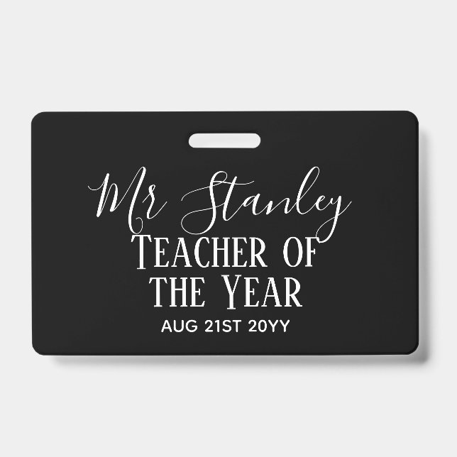 Teacher of the Year Personalised Modern Text Gift ID Badge (Front)