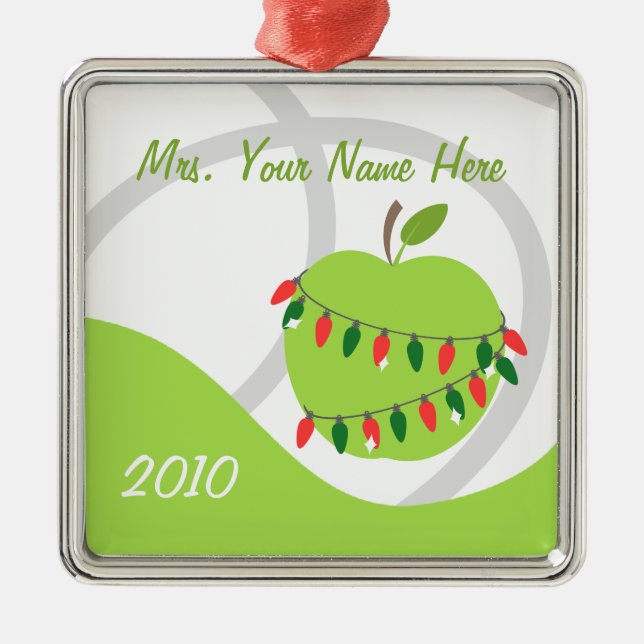 Teacher Ornament - Green Apple & Christmas Lights (Front)