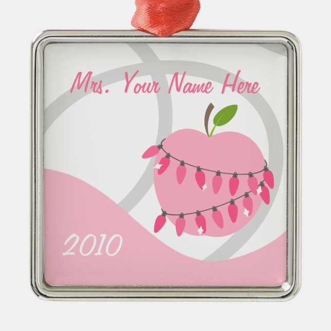Teacher Ornament - Pink Apple & Christmas Lights (Front)