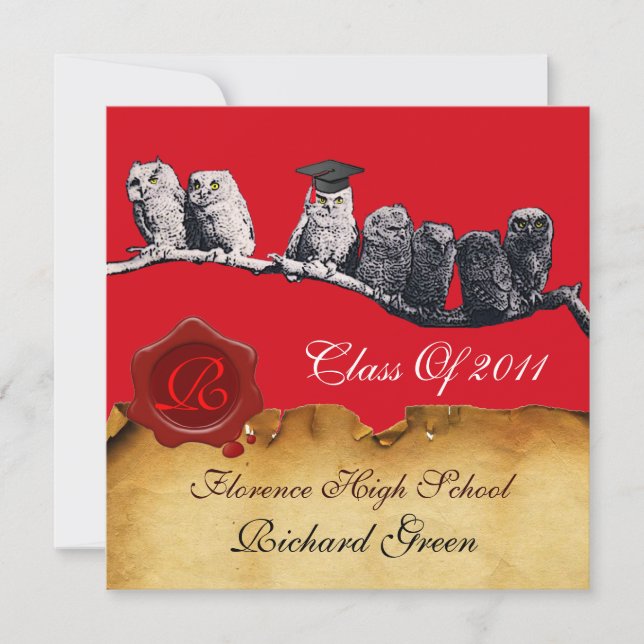 TEACHER OWL GRADUATION PARCHMENT WAX SEAL MONOGRAM INVITATION (Front)