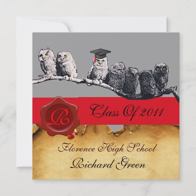 TEACHER OWL GRADUATION PARCHMENT WAX SEAL MONOGRAM INVITATION (Front)