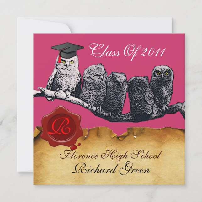 TEACHER OWL GRADUATION PARCHMENT WAX SEAL MONOGRAM INVITATION (Front)