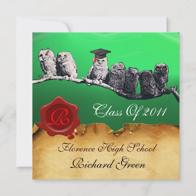 TEACHER OWL GRADUATION PARCHMENT WAX SEAL MONOGRAM INVITATION (Front)