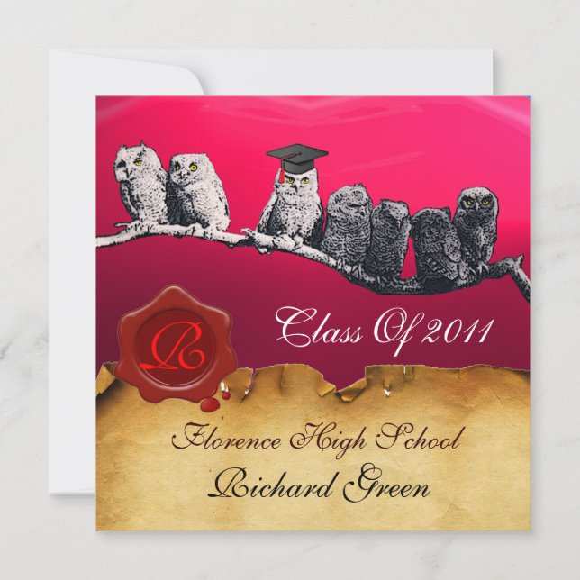 TEACHER OWL GRADUATION PARCHMENT WAX SEAL MONOGRAM INVITATION (Front)