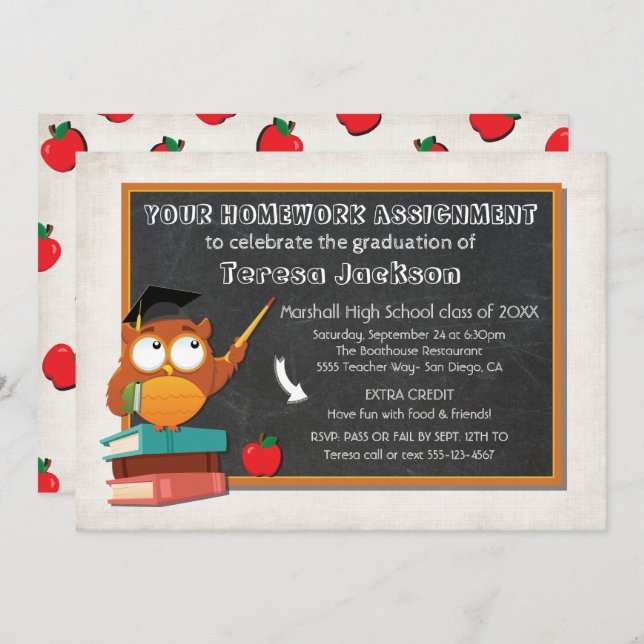 Teacher Owl with chalkboard party invitation (Front/Back)