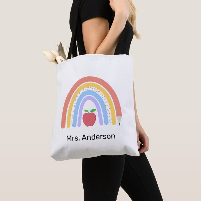 Teacher Pastel Coloured Rainbow  Tote Bag (Close Up)