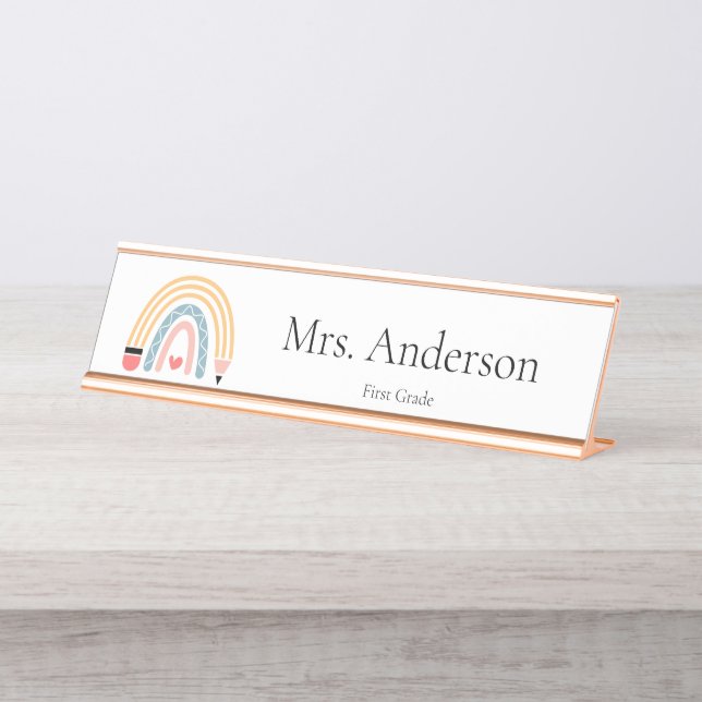 Teacher Pencil Rainbow Preschool Desk Name Plate (Front)