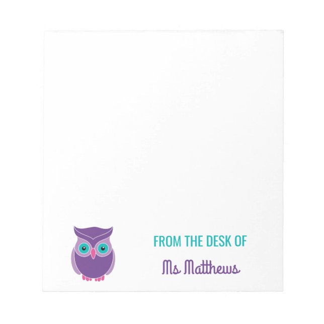 Teacher Personalised Cute Purple Owl From The Desk Notepad (Front)
