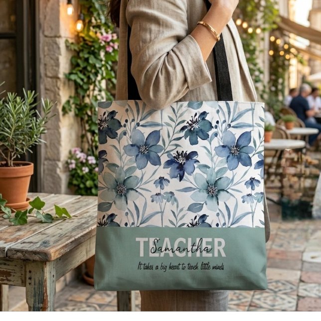 Teacher Personalised Name Phrase Tote Bag floral (Creator Uploaded)
