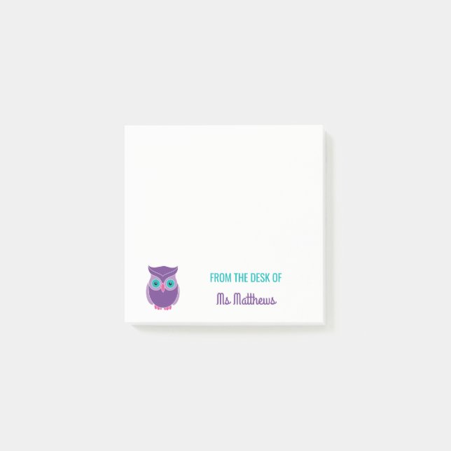 Teacher Personalised  Purple Owl From The Desk Of Post-it Notes (Front)