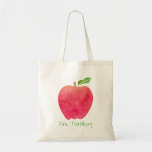 Teacher Personalised Watercolor Red Apple Modern Tote Bag