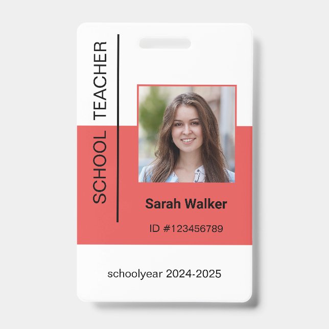 Teacher photo ID of an employee or student coral Badge (Front)