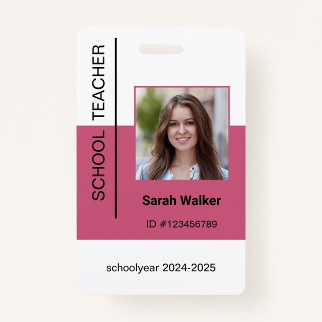 Teacher photo ID of an employee or student pink ID Badge (Front)