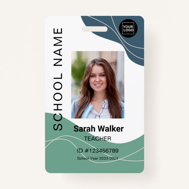 Teacher photo ID of an employee student blue-green ID Badge (Front)