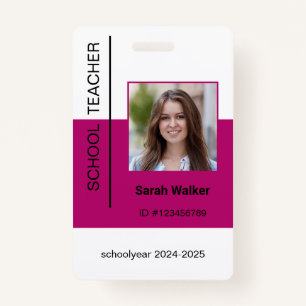 Teacher photo ID of employee or student dark pink ID Badge
