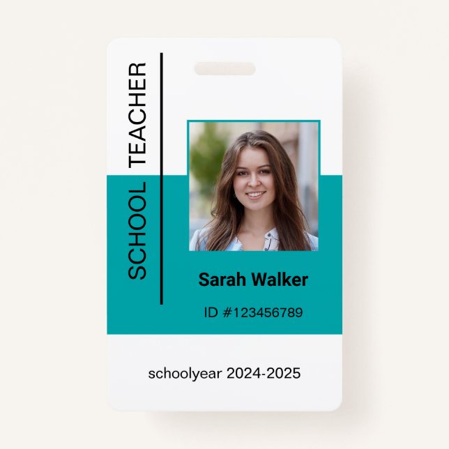 Teacher photo ID of employee or student turquoise ID Badge (Front)