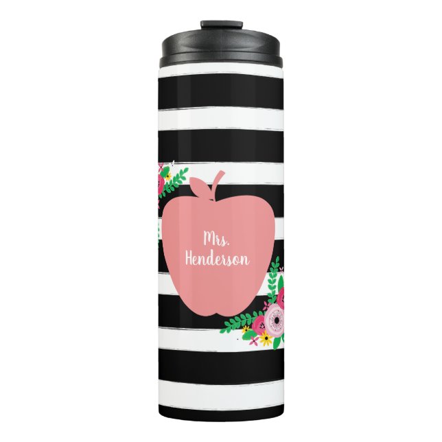 Teacher Pink Apple Black + White Stripe Floral Thermal Tumbler (Front)