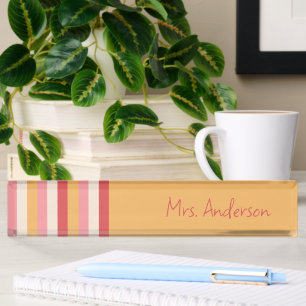Teacher Pink Orange and Gold Stripes Script Name Nameplate