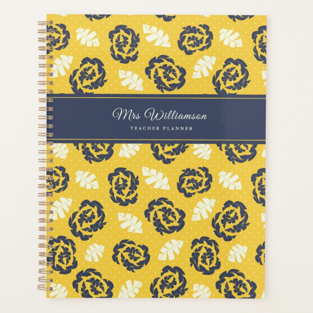 Teacher Planner Floral Yellow Vintage Block Print  (Front)