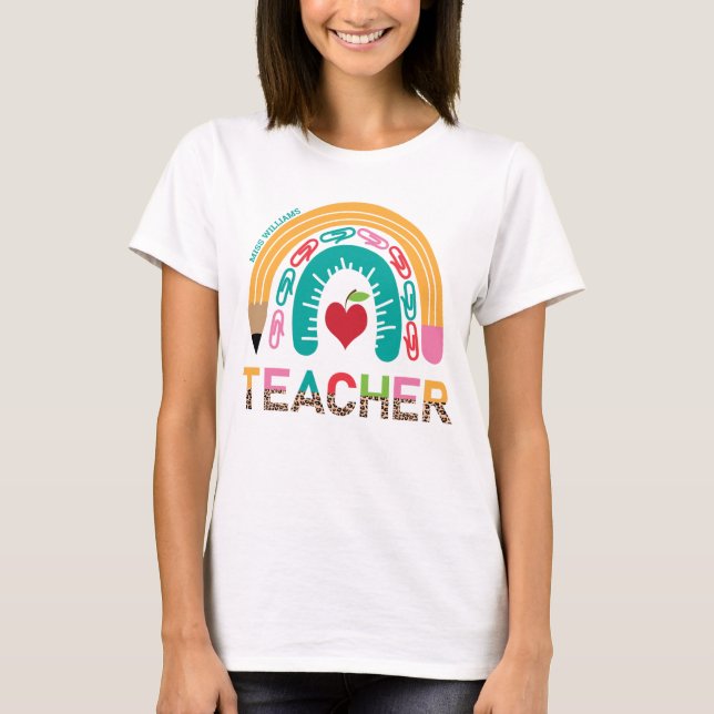 Teacher Rainbow Leopard School Typography T-Shirt (Front)