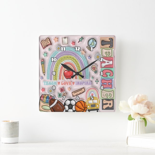 Teacher: Rainbow, Love, Inspire, Learn Square Wall Clock (Home)