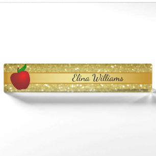 Teacher Red Apple Gold Classic Confetti Nameplate